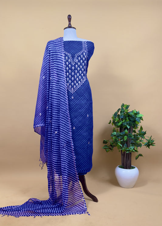 Royal Blue Gotta Patti Embroidered Kota Doria Suit With Lehariya Dupatta