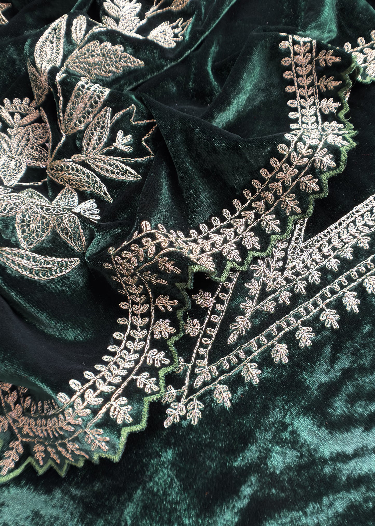 Green Pure Velvet Unstitched Suit In Dori Embroidery