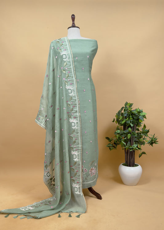 Sage Green Pure Mul Pichwai Unstitched Suit With Pichwai Embroidery