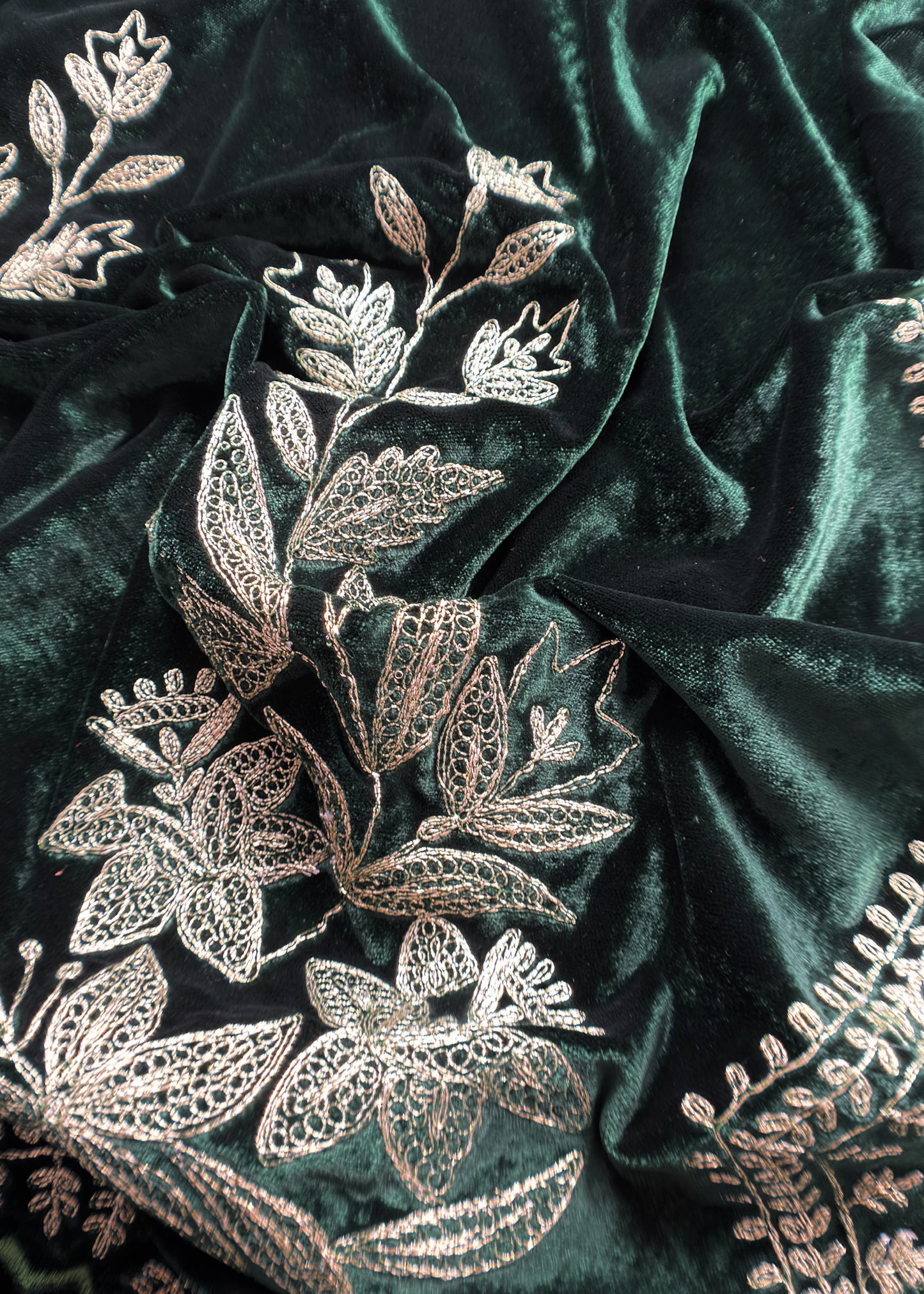 Green Pure Velvet Unstitched Suit In Dori Embroidery