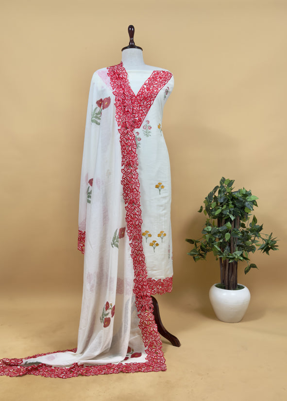 Off White And Mango Pure Mul Chanderi Block Print Suit With Laser Cut embroidery