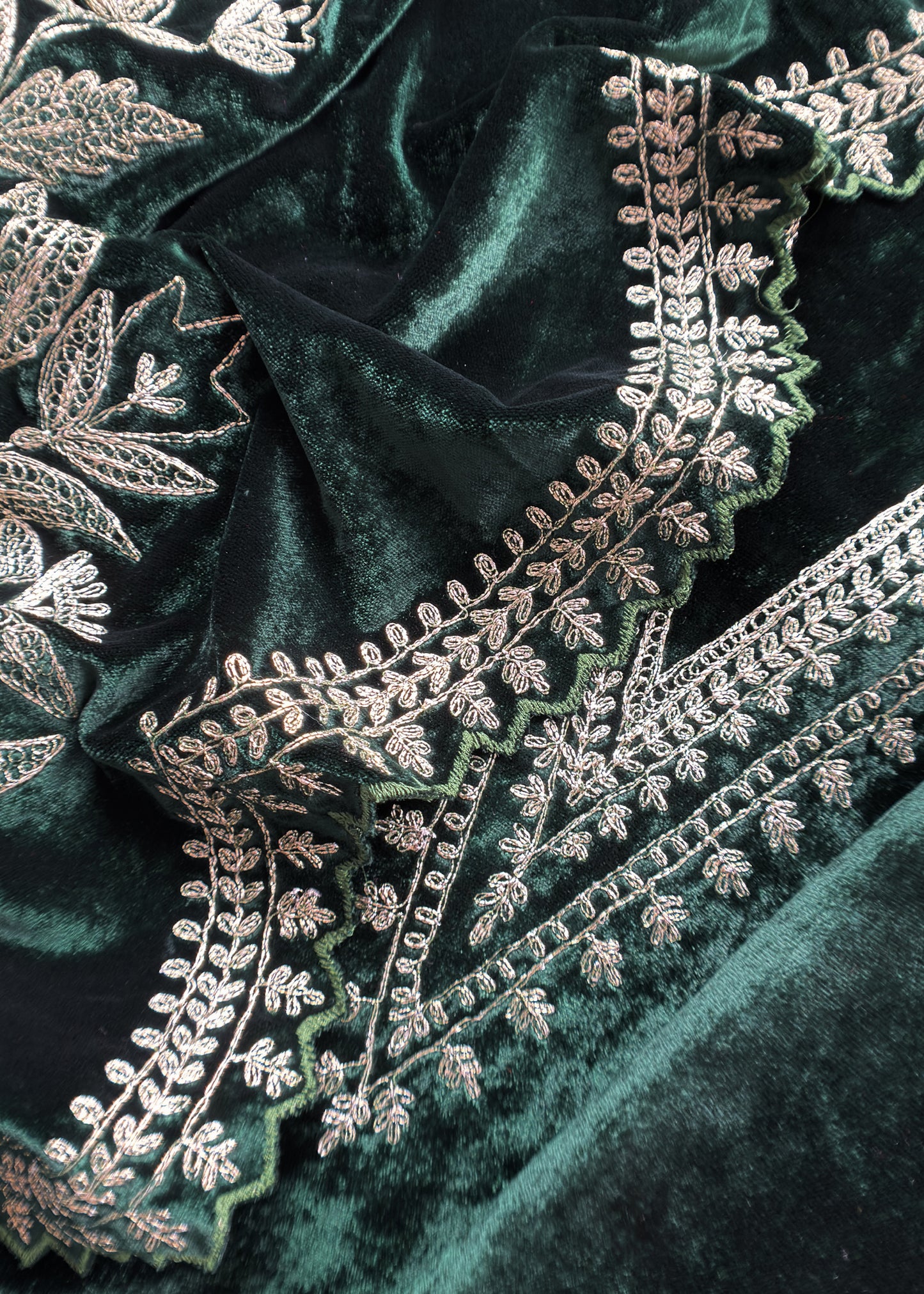 Green Pure Velvet Unstitched Suit In Dori Embroidery