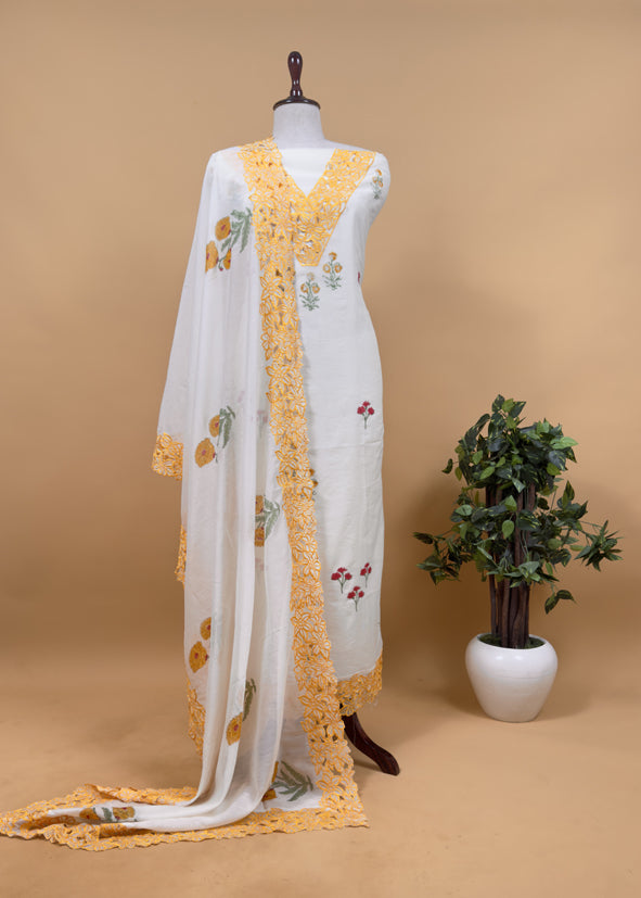 Off White And Mango Pure Mul Chanderi Block Print Suit With Laser Cut embroidery