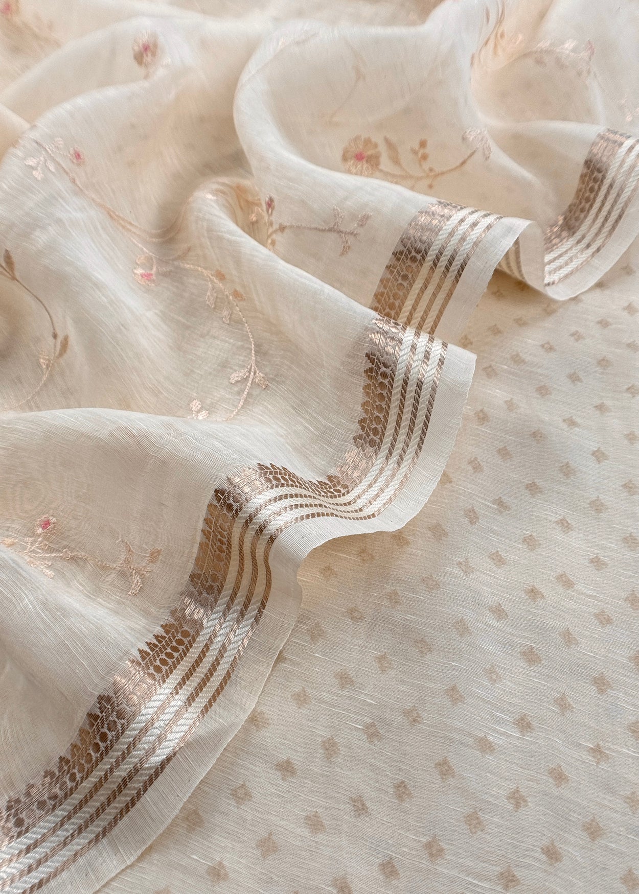 Ivory Pure Linen Silk Suit With Resham Thread Floral Jaal Embroidery