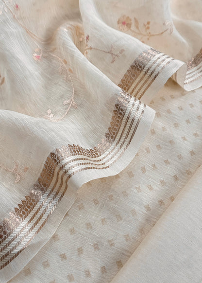 Ivory Pure Linen Silk Suit With Resham Thread Floral Jaal Embroidery
