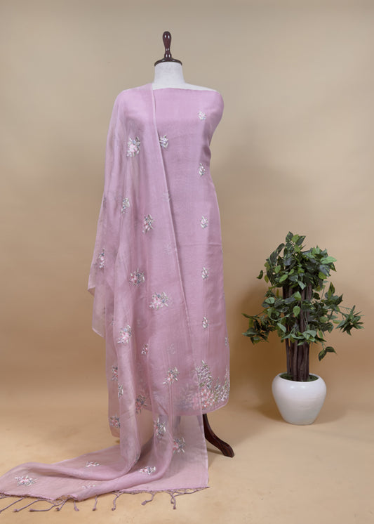 Pink Embroidered Organza Silk Suit With Dupatta