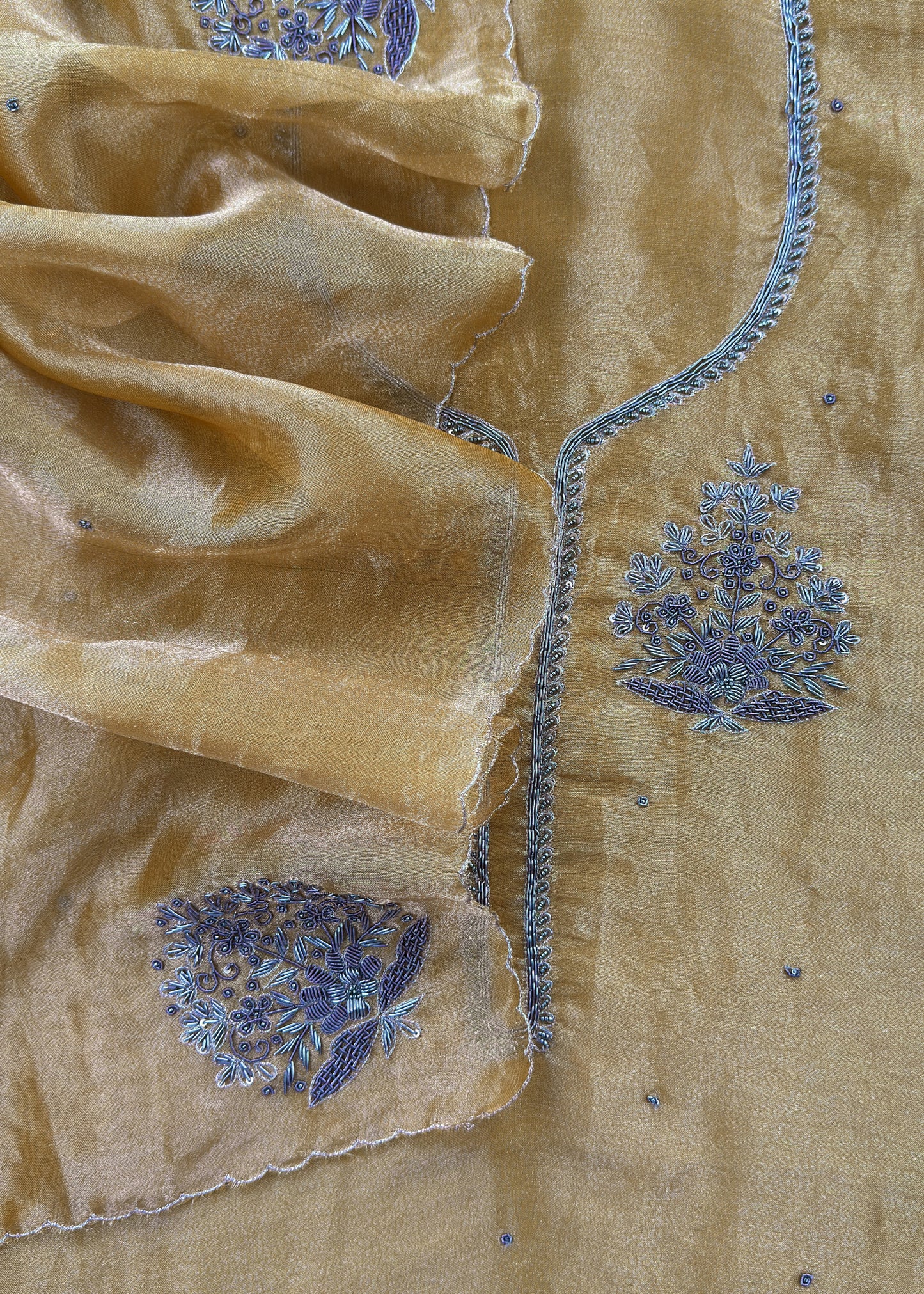 Goldan Yellow Pure Tissue Silk Suit With Dori Hand Embroidery