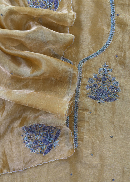 Golden Yellow Pure Tissue Silk Suit With Dori Hand Embroidery