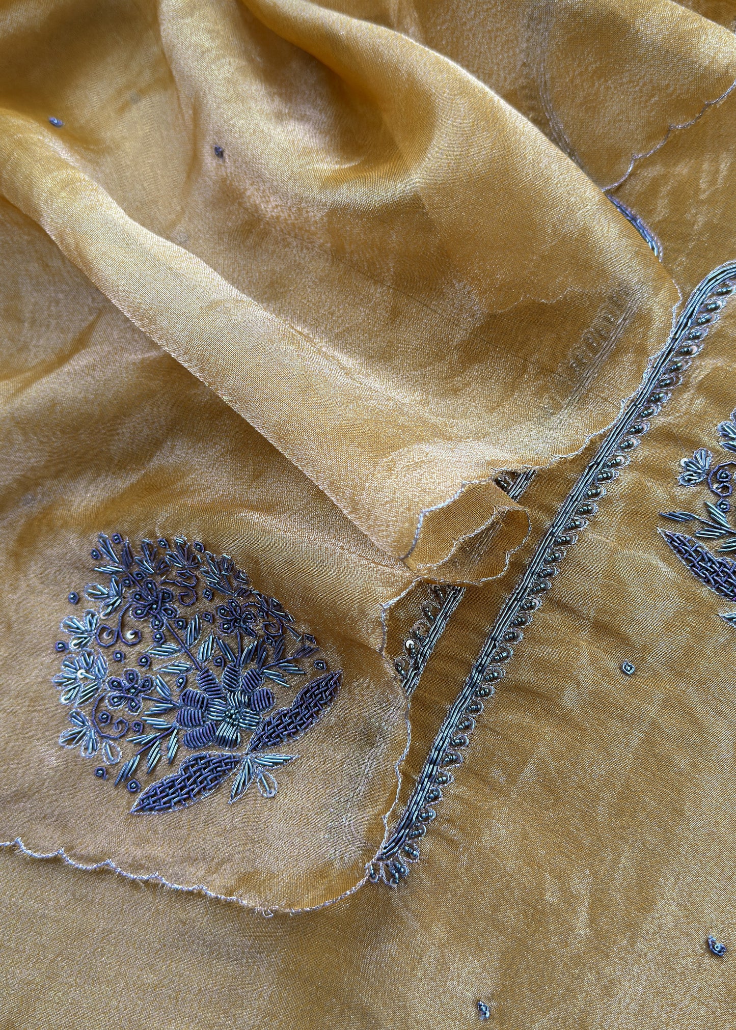 Goldan Yellow Pure Tissue Silk Suit With Dori Hand Embroidery