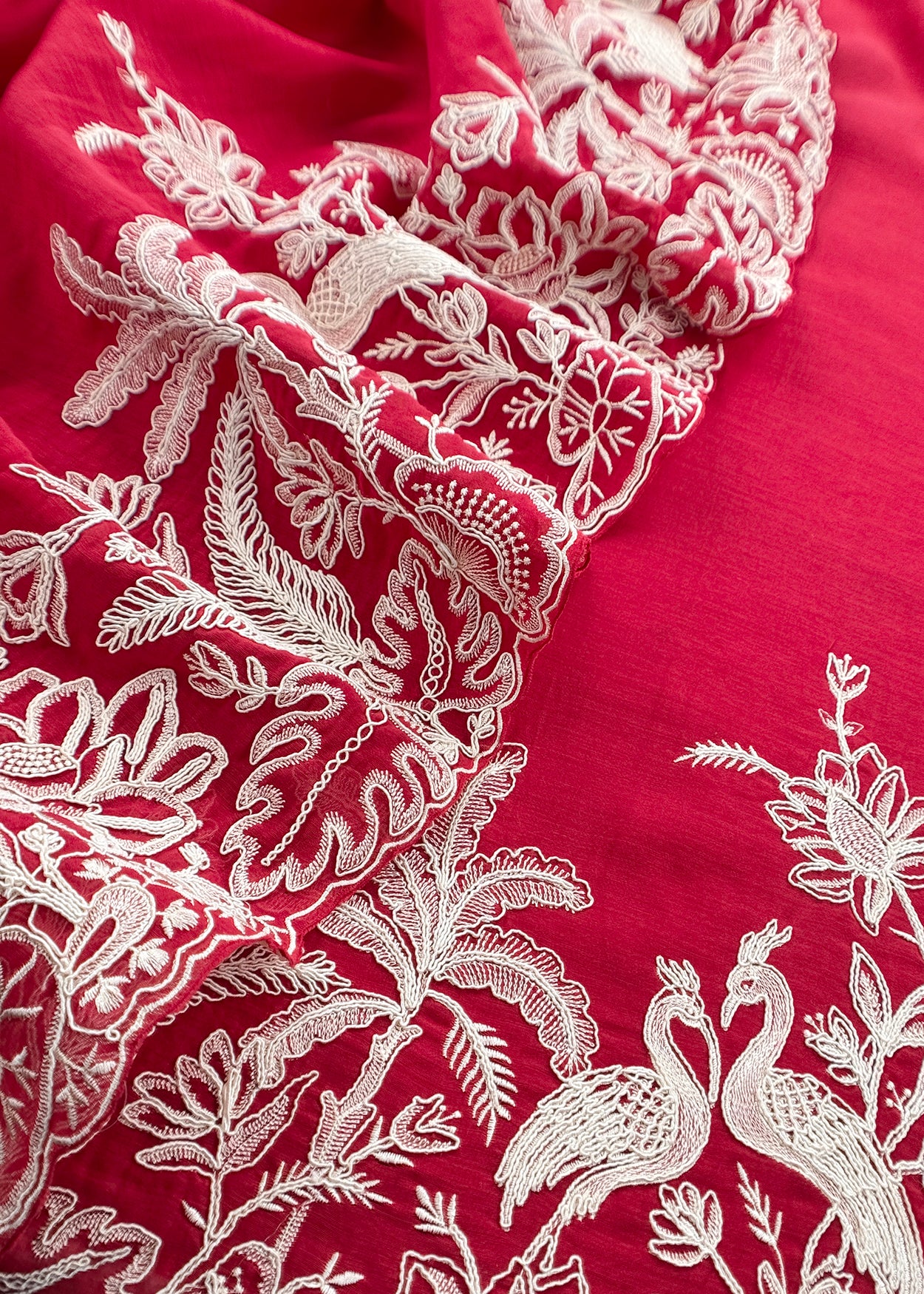 Red Handloom Mulmul Suit With Garden French Embroidery