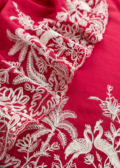 Red Handloom Mulmul Suit With Garden French Embroidery