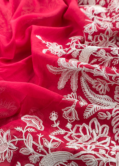 Red Handloom Mulmul Suit With Garden French Embroidery