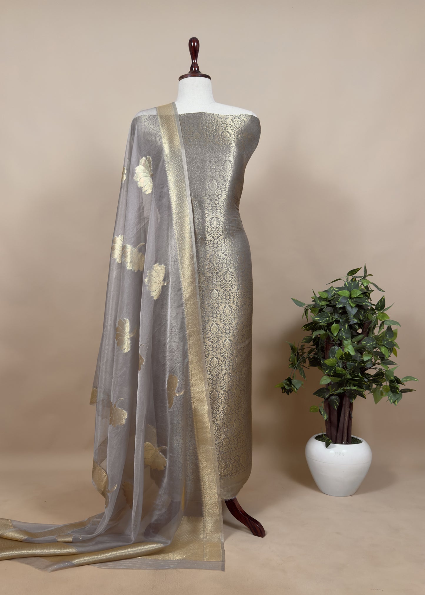 Lavender Banarasi Silk Brocade Suit With Organza Dupatta