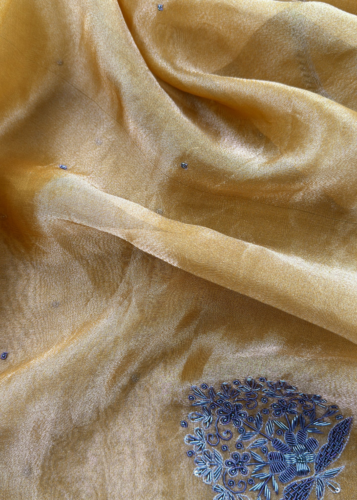 Goldan Yellow Pure Tissue Silk Suit With Dori Hand Embroidery