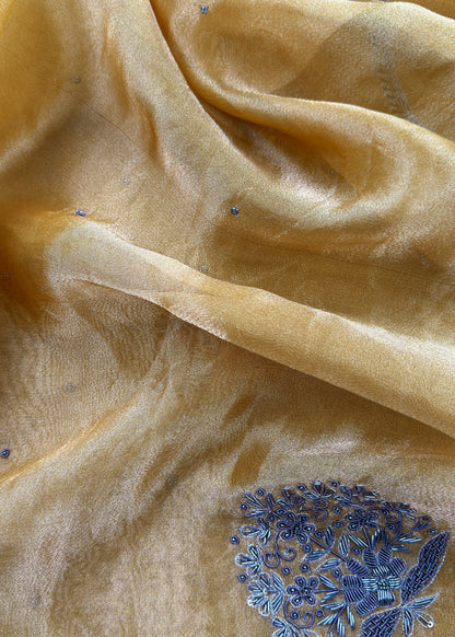 Golden Yellow Pure Tissue Silk Suit With Dori Hand Embroidery