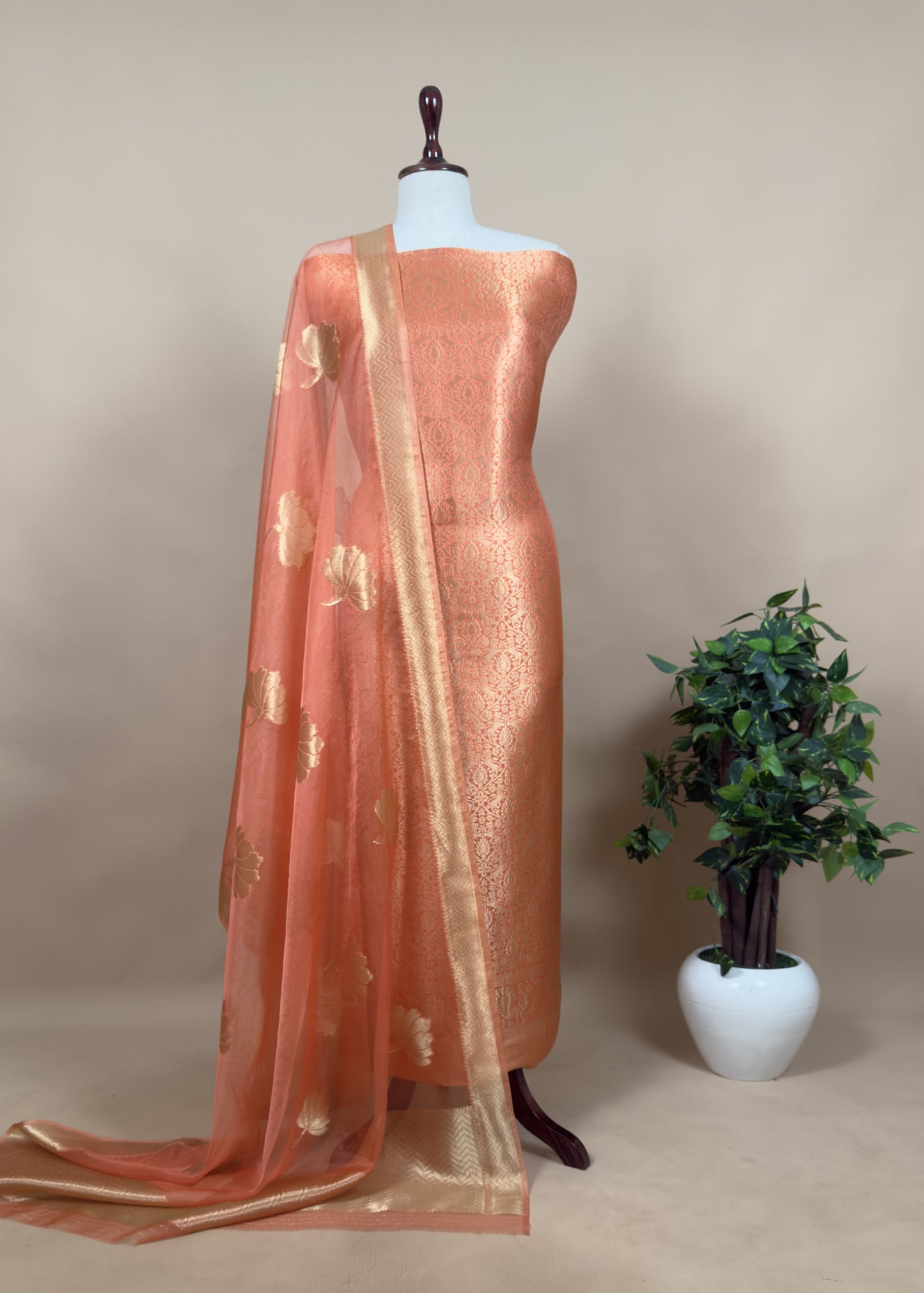 Redish Pink Banarasi Silk Brocade Suit With Organza Dupatta