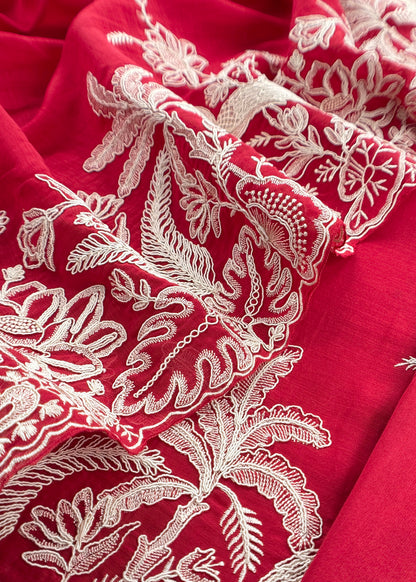 Red Handloom Mulmul Suit With Garden French Embroidery