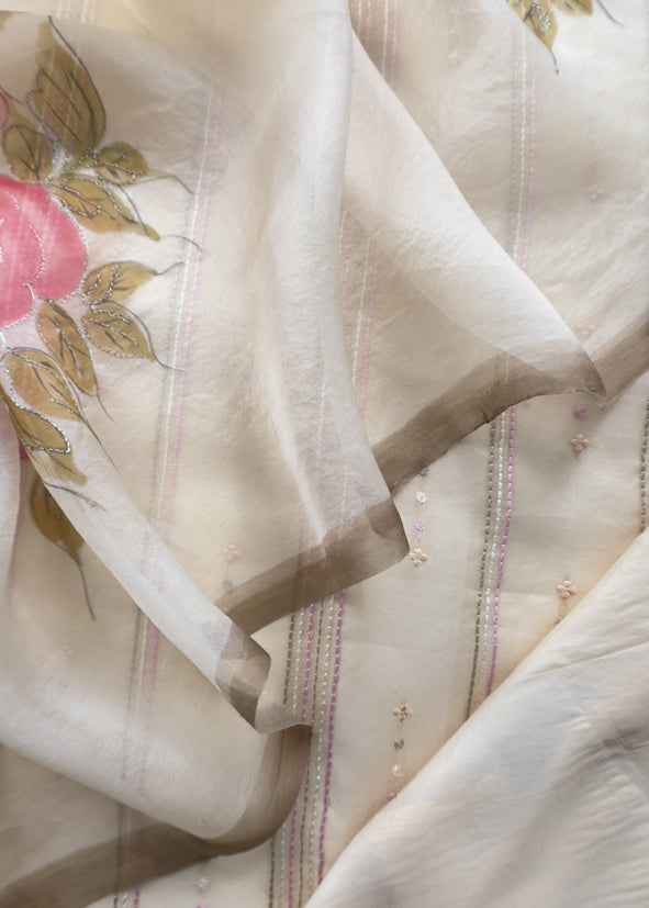 Shell White Pure Organza Embroidered Kurta With Hand painted Dupatta