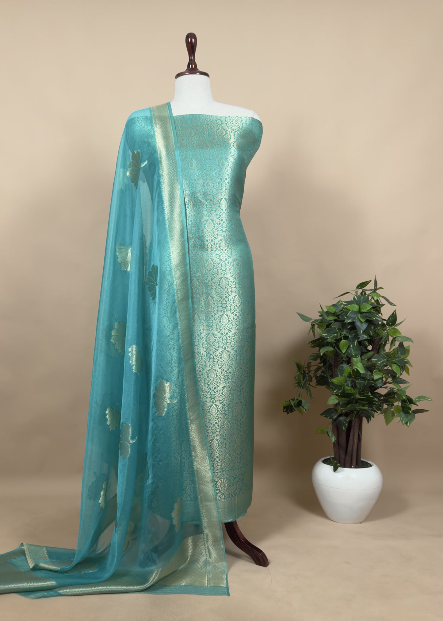 Sky Blue Banarasi Silk Brocade Suit With Organza Dupatta