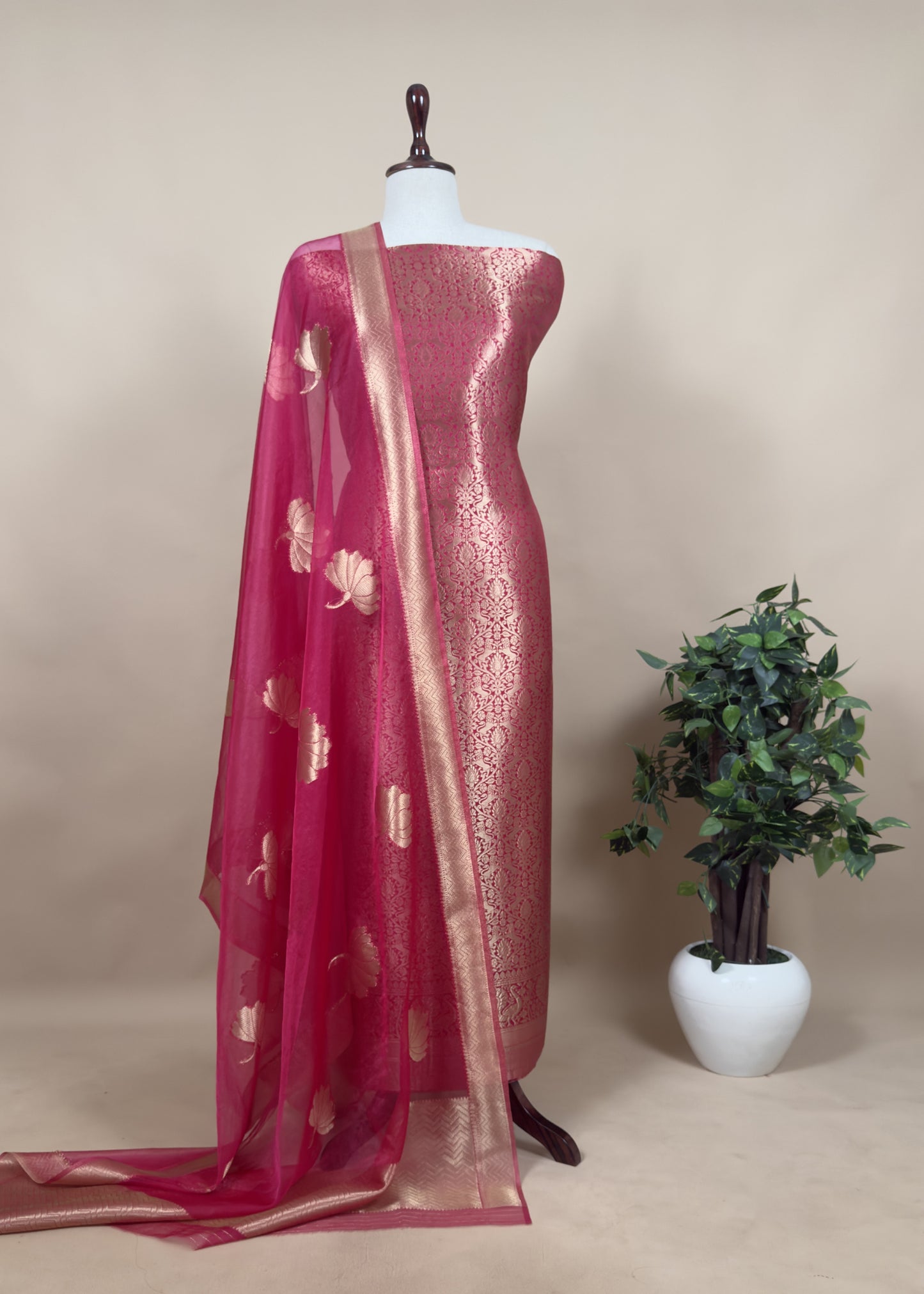 Redish Pink Banarasi Silk Brocade Suit With Organza Dupatta