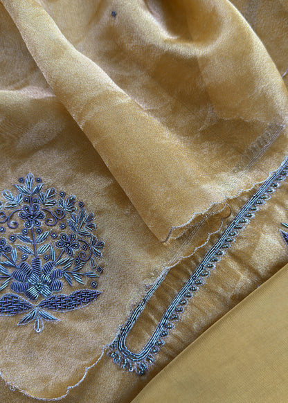 Golden Yellow Pure Tissue Silk Suit With Dori Hand Embroidery