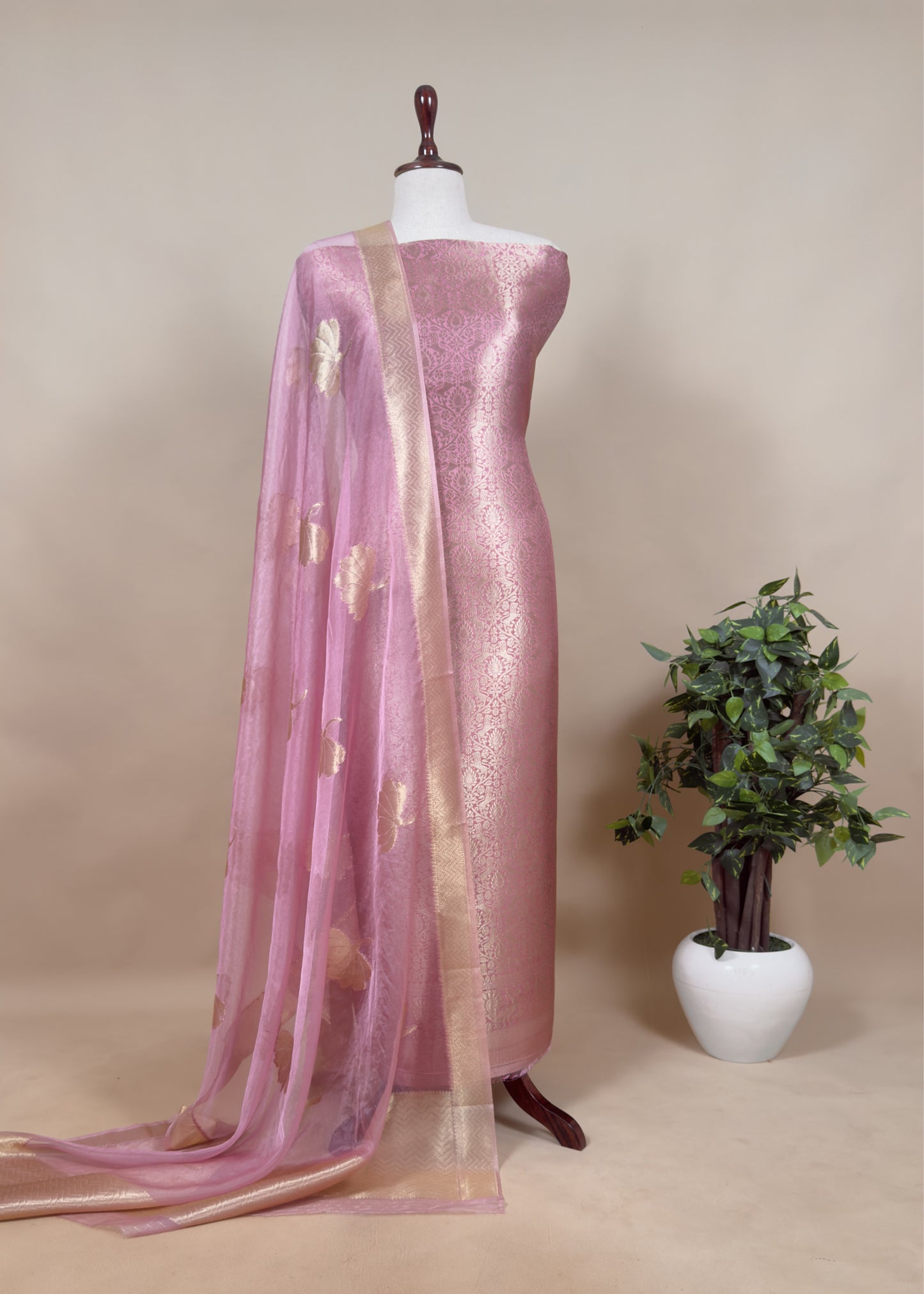 Redish Pink Banarasi Silk Brocade Suit With Organza Dupatta