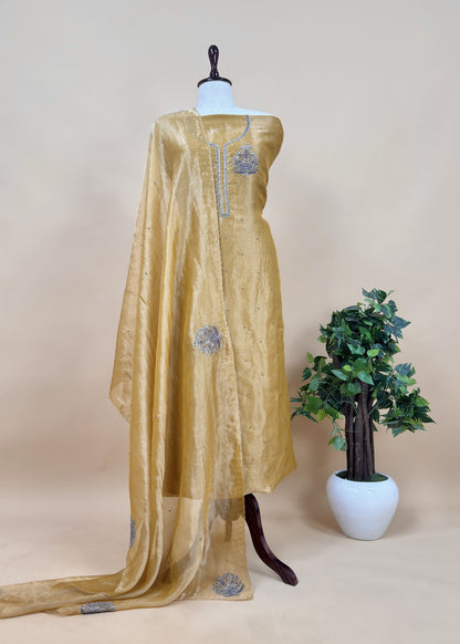 Golden Yellow Pure Tissue Silk Suit With Dori Hand Embroidery