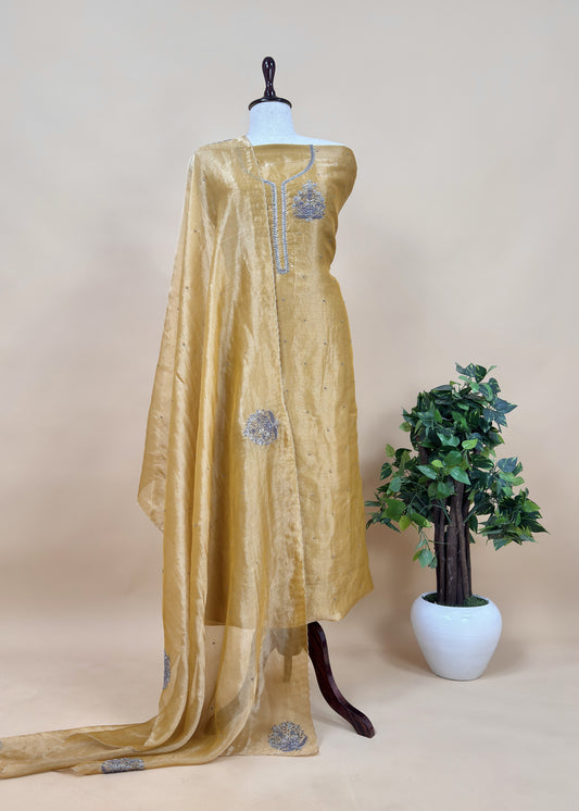 Goldan Yellow Pure Tissue Silk Suit With Dori Hand Embroidery