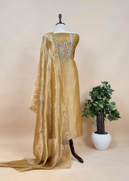 Mustard Handloom Tissue Silk Suit Fabric With Shikagarh Handwork