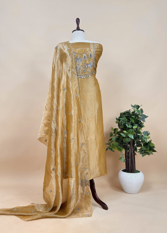 Mustard Handloom Tissue Silk Suit Fabric With Shikagarh Handwork