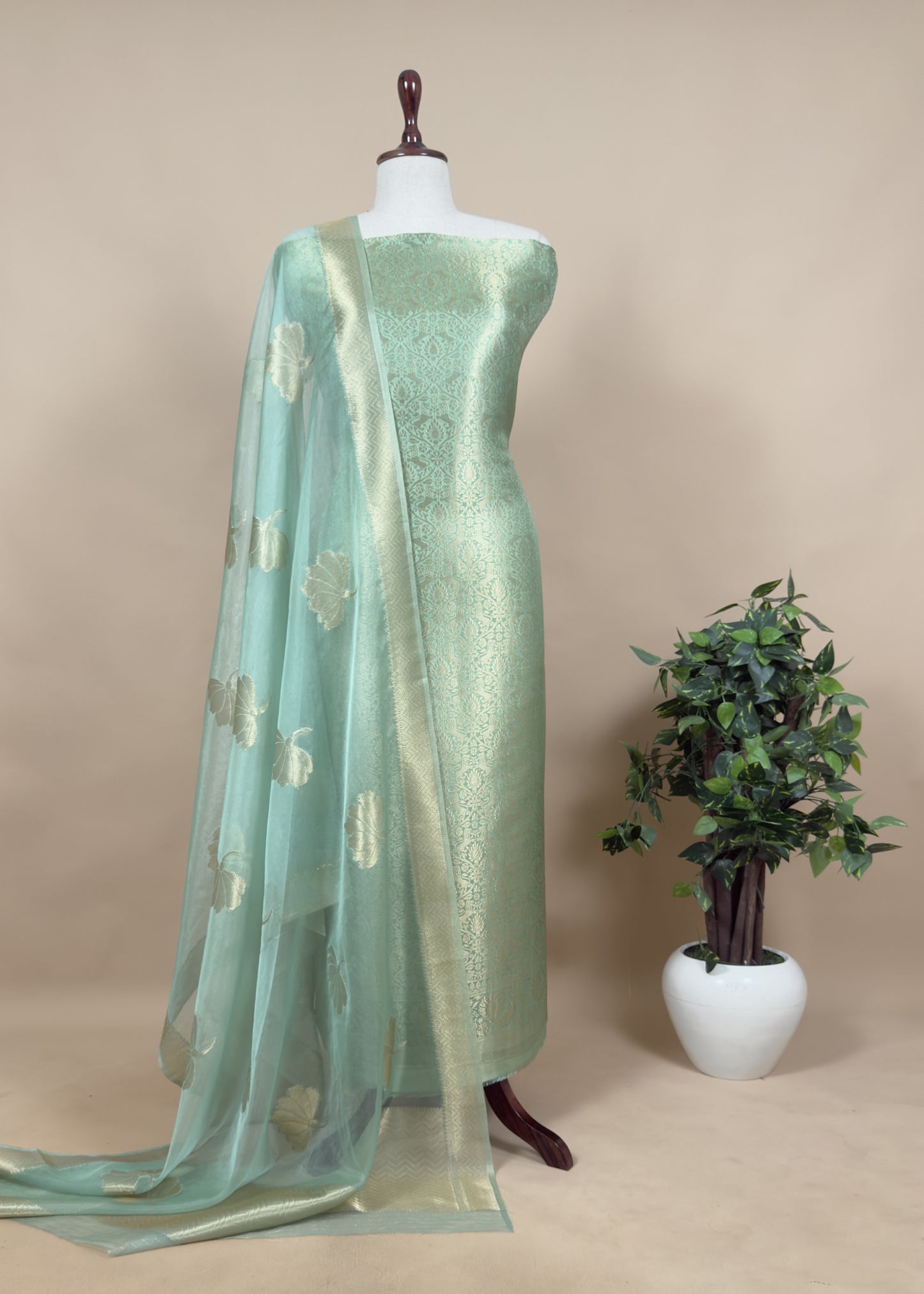 Chikoo Banarasi Silk Brocade Suit With Organza Dupatta