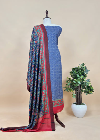 Yellow Pure Pashmina Suit fabric with Kalamkari Brush print