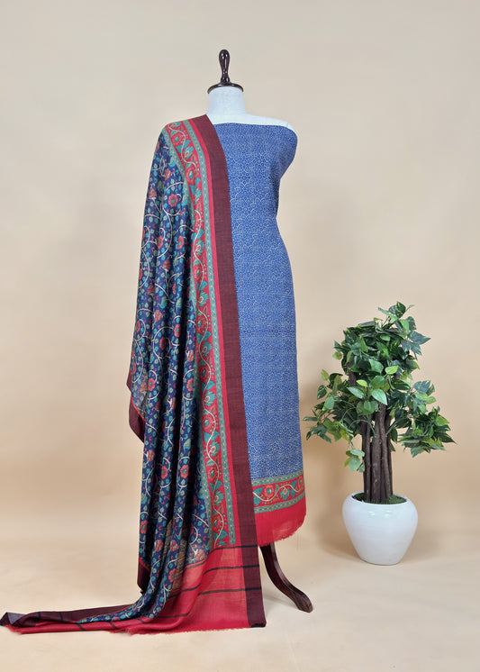 Blue Pure Pashmina Suit Fabric With Kalamkari Brush Print