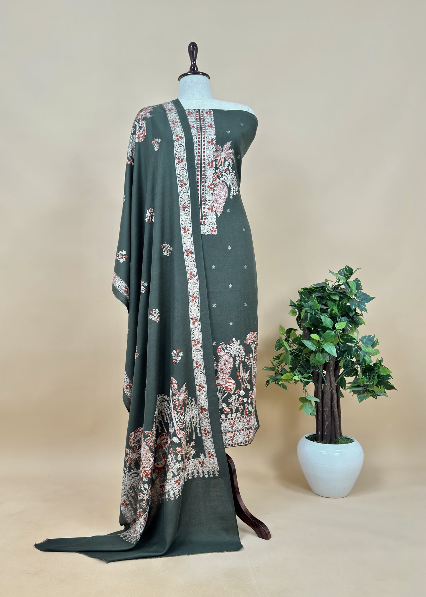 Bottle Green Pure Merino Wool Unstitched Suit With Aari Embroidery