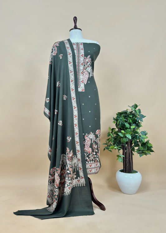 Bottle Green Pure Merino Wool Unstitched Suit With Aari Embroidery