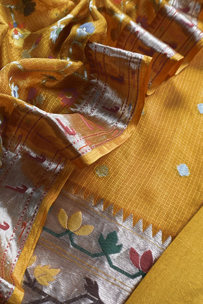 Yellow Premium Kota Suit With Paithani Weaving