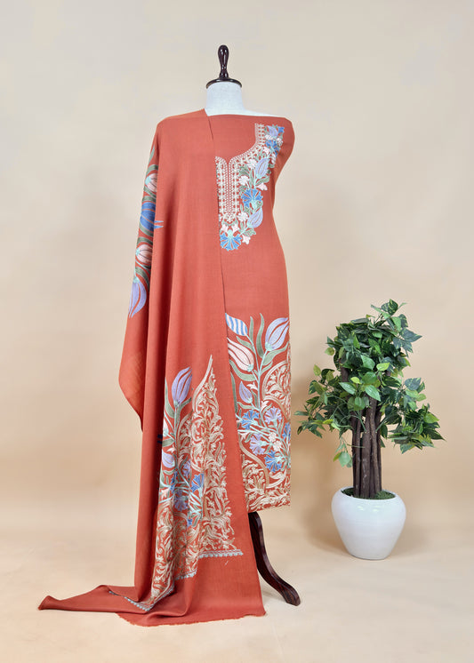 Rust Winters Pure Merino Wool Suit Fabric With Phool Aari Embroidery