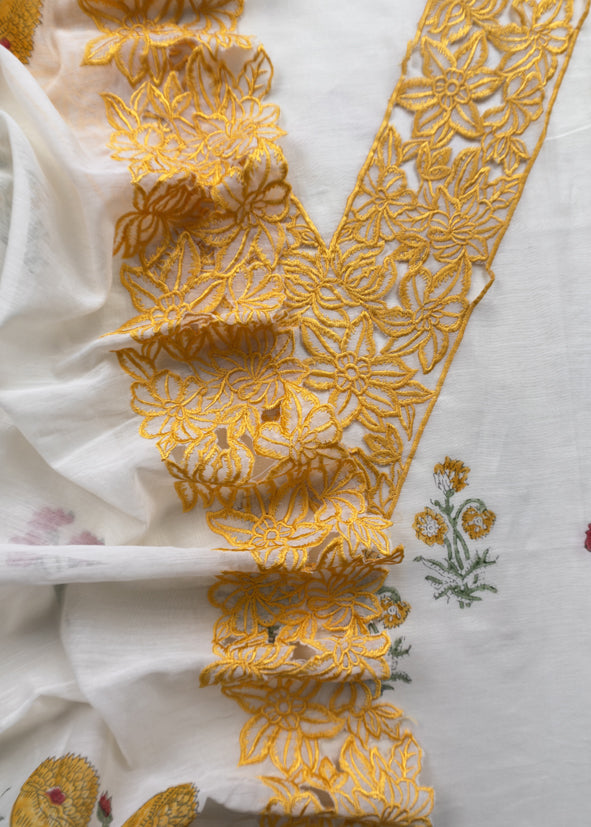 Off White And Mango Pure Mul Chanderi Block Print Suit With Laser Cut embroidery