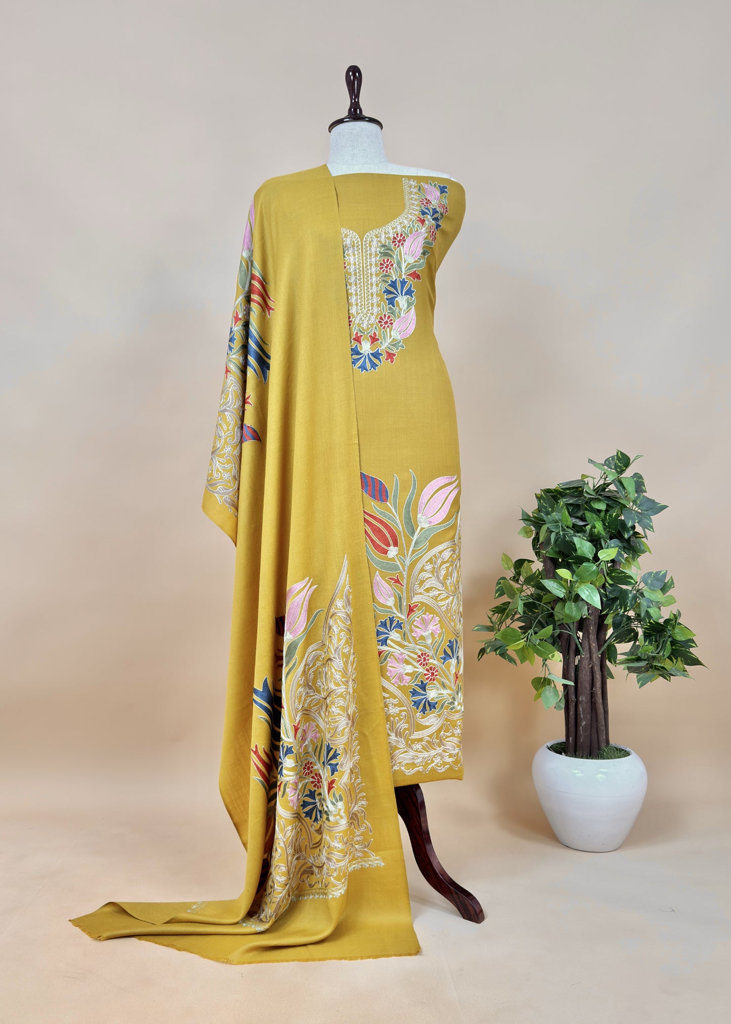 Yellow Winters Pure Merino Wool Suit Fabric With Phool Aari Embroidery