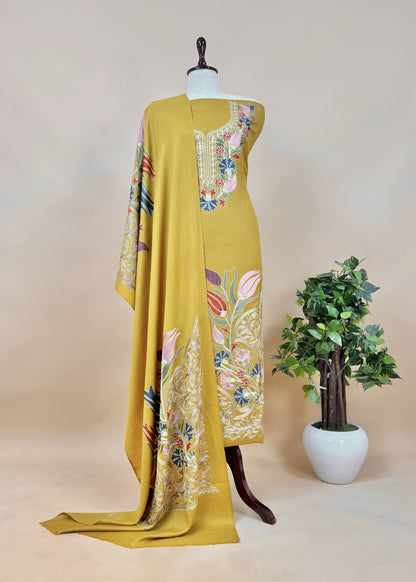 Yellow Winters Pure Merino Wool Suit Fabric With Phool Aari Embroidery