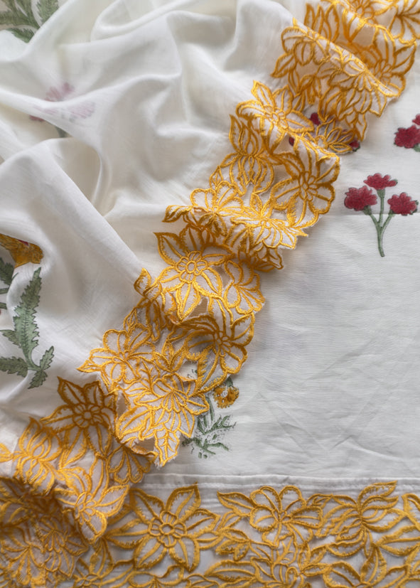 Off White And Mango Pure Mul Chanderi Block Print Suit With Laser Cut embroidery