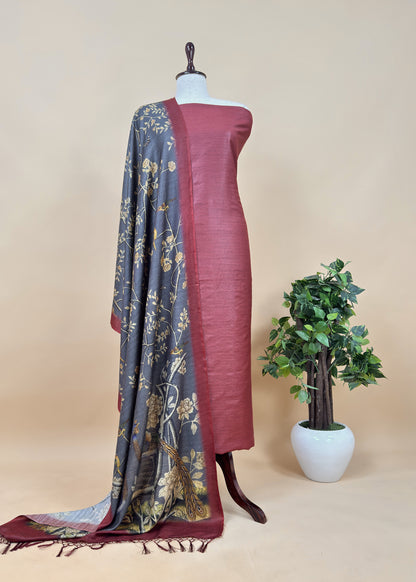 American Brown Pure Pashmina Unstitched Suits With Kalamkari Dupatta