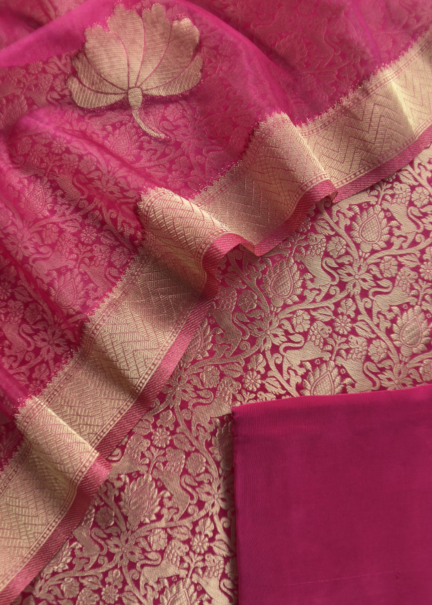 Pink Banarasi Silk Brocade Suit With Organza Dupatta