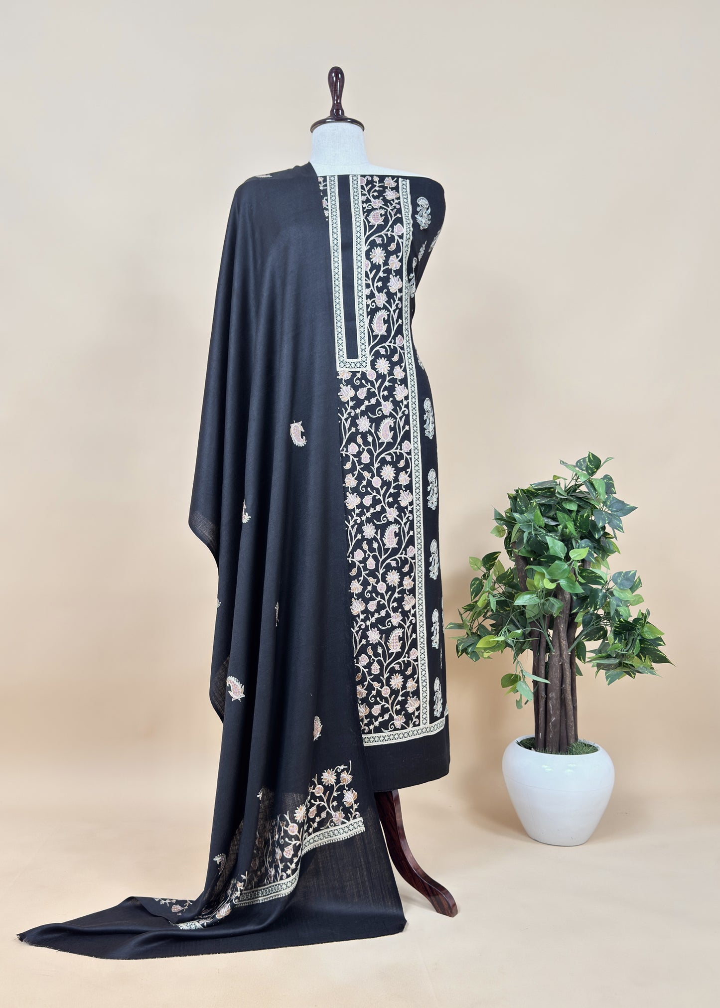Jet Black Pure Merino wool with Beautiful Aari Embroidery