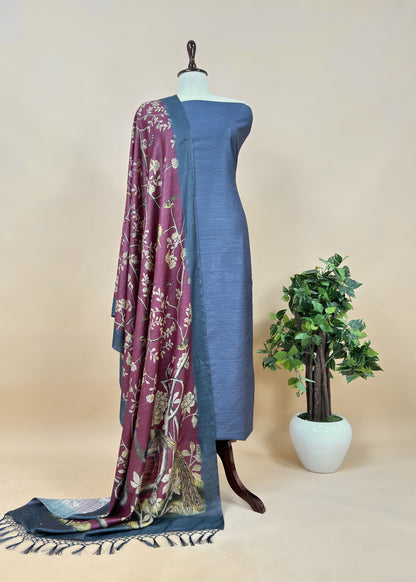 American Brown Pure Pashmina Unstitched Suits With Kalamkari Dupatta