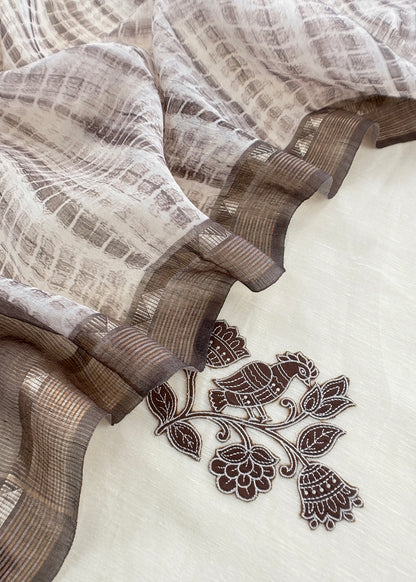 Dove White Pure Linen Suit With Tie-Dye Dupatta
