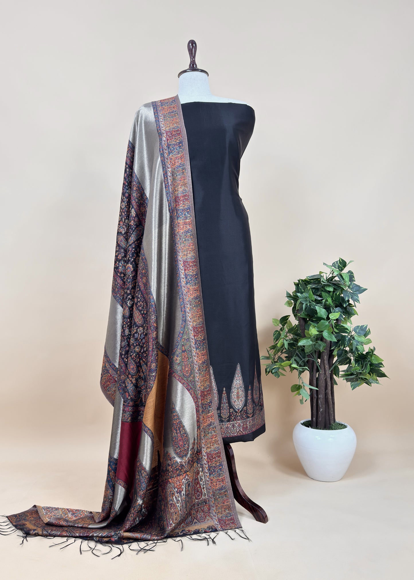 Pink Premium Kani Silk Unstitched Suit With Dupatta