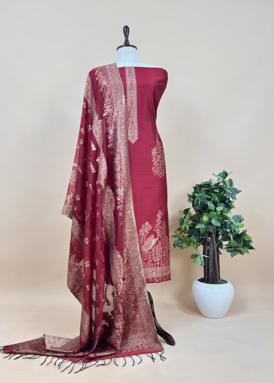 Red Handloom Satin Silk Suit In Kani Zari Weaving