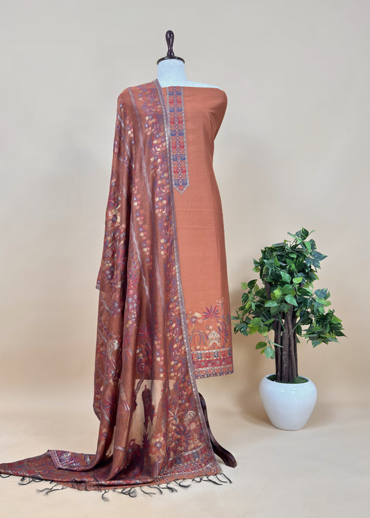 Rust Pure Silk Suit With Kani Gold Zari Weaving