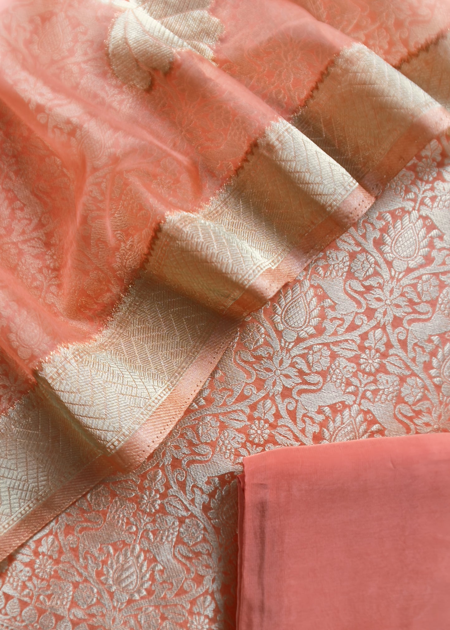 Orange Banarasi Silk Brocade Suit With Organza Dupatta